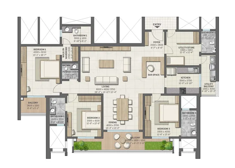 SOBHA Aranya 3 BHK floor plan, 2,836 sq.ft.