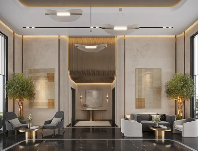 Double-height arrival lobby at Sobha Aranya, Karma Lakelands Gurgaon