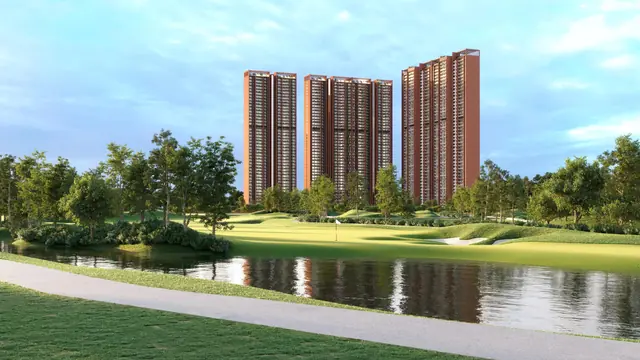 SOBHA Aranya towers seen across the Karma Lakelands golf course