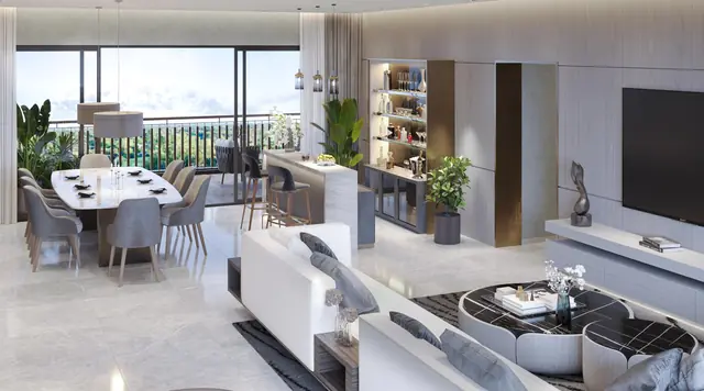 Living and dining area in a Sobha Aranya Tower 1 residence