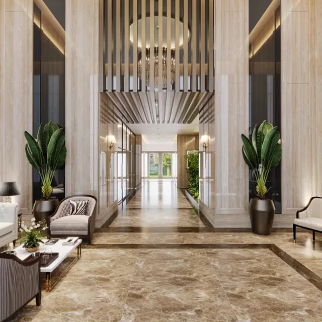 Double-height visitors’ lounge at SOBHA City