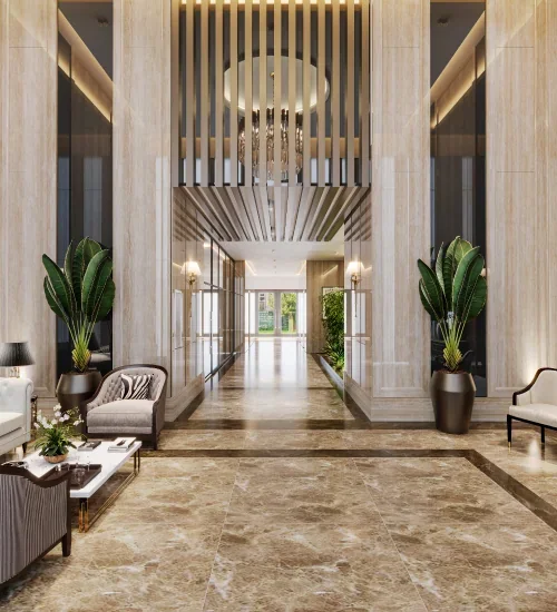 Double-height visitors’ lounge at SOBHA City